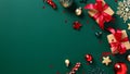 Green Christmas background with gift boxes with red ribbon bow, decorations, baubles. Merry Christmas and Happy New Year banner Royalty Free Stock Photo