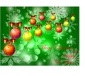 Green Christmas background with snow, snowflakes, bright multicolored suspended balls, decorated with red bows