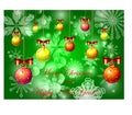 Green Christmas background with snow, snowflakes, bright multicolored suspended balls, decorated with red bows