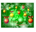 Green Christmas background with snow, snowflakes, bright multicolored suspended balls, decorated with red bows