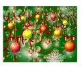 Green Christmas background with snow, snowflakes, bright multicolored suspended balls, decorated with red bows and serpentine