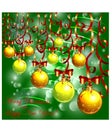 Green Christmas background with snow, snowflakes, bright multicolored suspended balls, decorated with red bows and serpentine