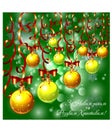 Green Christmas background with snow, snowflakes, bright multicolored suspended balls, decorated with red bows and serpentine