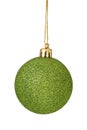 Green Christmas Ball hanging from golden string Isolated on white Royalty Free Stock Photo