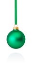 Green Christmas ball hanging on ribbon Isolated on white Royalty Free Stock Photo