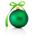 Green Christmas ball with ribbon bow Isolated on white background Royalty Free Stock Photo