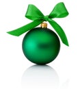 Green Christmas Ball With Ribbon Bow Isolated On White