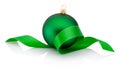 Green Christmas bauble covered with curled ribbon Isolated