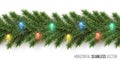 Green christmas branch with garland transparent background. Holly fir natural decoration. Realistic merry xmas, new year
