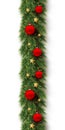 Green christmas branch with red balls, gold stars on white background. Fir natural vertical seamless decoration Royalty Free Stock Photo