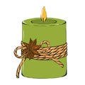 Green Christmas Candle. Symbol of home decor, aromatherapy. Hand drawing illustration, isolated
