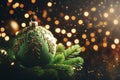 Green Christmas decoration ball with fir tree branch against black background with golden bokeh Royalty Free Stock Photo