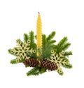 Green Christmas Fir Tree Branch with Cones and Candle isolated on White like Christmas Decor Royalty Free Stock Photo