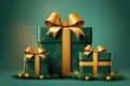 green christmas gift box with golden bow AI generated Royalty Free Stock Photo