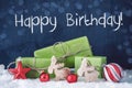 Green Christmas Gifts, Snow, Decoration, Text Happy Birthday Royalty Free Stock Photo