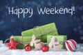 Green Christmas Gifts, Snow, Decoration, Text Happy Weekend Royalty Free Stock Photo