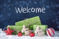 Green Christmas Gifts, Snow, Decoration, Text Welcome Royalty Free Stock Photo