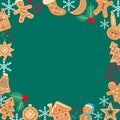 Green christmas gingerbread background. Xmas design with winter cookies