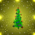 Green Christmas tree in balls and bows. golden background Vector Illustration.