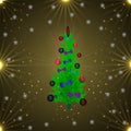 Green Christmas tree in balls and bows. golden background Vector Illustration.