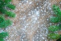 Green Christmas tree branches on winter snowflakes wooden space