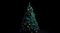 Green Christmas tree decorated with balls on a black background, generative AI. Royalty Free Stock Photo