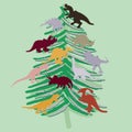 Green Christmas tree decorated with dinosaurs flat illustration