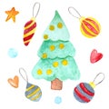 Green Christmas tree and Christmas tree decorations - balls and icicles, set of cute watercolor pictures, freehand drawing for new