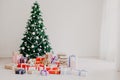 Green Christmas tree with gifts of toys for the new year holiday decor winter Royalty Free Stock Photo