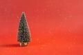 Green Christmas tree on a red background, snow flakes Royalty Free Stock Photo