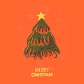 Green Christmas tree, risograph handmade style on red background, greeting card vector design with handwritten text