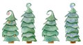 Green Christmas trees with new year toys. Fancy spruces. Isolated on white. Abstract hand-drawn watercolor