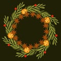 Green Christmas wreath made from Branches, Anise stars, Red berries and Orange. Mulled wine ingredients. Holiday decoration,
