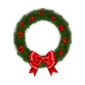 Green Christmas wreath with red ribbon bow and balls vector isolated on white background. Xmas round Royalty Free Stock Photo