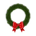 Green Christmas wreath with red ribbon bow vector isolated on white background. Xmas round garland d Royalty Free Stock Photo