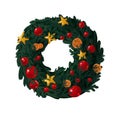 Green Christmas wreath with yellow stars and red Christmas balls