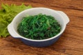 Green Chuka Seaweed Salad Isolated on White Background Top View. Wakame Sea Kelp Salat