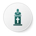 Green Church pastor preaching icon isolated on white background. White circle button. Vector Illustration