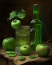 Green Cider, apples, cucumber slices, a cup of beer wine on a wooden table top. Green color symbol of St. Patrick\' Royalty Free Stock Photo