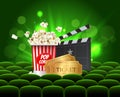 Green Cinema Movie Design Poster design. Vector template banner for movie premiere or show with seats, popcorn box Royalty Free Stock Photo
