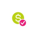 Green circle with dollar sign and pink circle with tick. Flat icon. Isolated on white. Pay sign. Accept button. Royalty Free Stock Photo