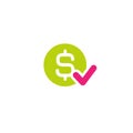 Green circle with dollar sign and pink tick. Flat icon. Isolated on white. Pay sign. Accept button Royalty Free Stock Photo