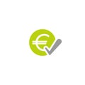 Green circle with euro sign and grey ok tick. Flat icon. Isolated on white. Pay sign. Accept button. Check box.