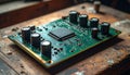 Green circuit board with black capacitors and central processor on worn wooden workbench Royalty Free Stock Photo
