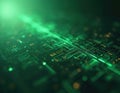 Green circuit board features glowing lines, tiny components. Tech pattern suggests digital data flow computer blueprint. Abstract Royalty Free Stock Photo