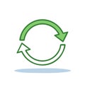 Green circular arrows icon representing recycle reuse refresh process cycle graphic simple design illustration Royalty Free Stock Photo