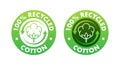 Green circular badges for 100 recycled cotton products, vector illustration for eco-friendly textile labels Royalty Free Stock Photo
