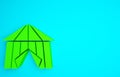 Green Circus tent icon isolated on blue background. Carnival camping tent. Amusement park. Minimalism concept. 3d