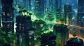 A green city adorned with holographic images. It represents the combination of future sustainable cities and technology. Created