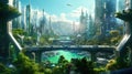 A green city adorned with holographic images. It represents the combination of future sustainable cities and technology. Created